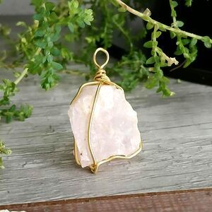 Raw Rose Quartz Crystal Pendant, Wire Wrapped Gemstone Jewelry 1.5"